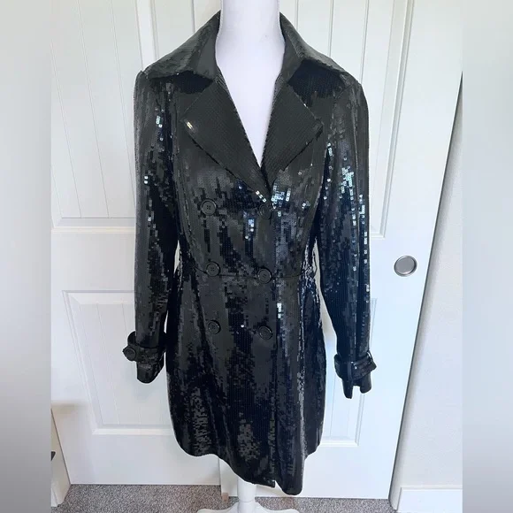 BEBE NWT SEQUIN TRENCH COAT BLACK SHINY TUXEDO COUTURE GALA FORMAL JACKET GLAMOR - Picture 5 of 16